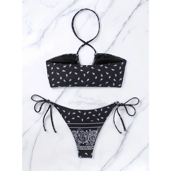Black and White Paisley Halter Neck Centre Core Tie String Bikini SMALL - Picture 3 of 7